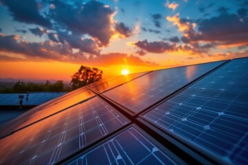 Solar panels on the roof of a house against the background of the setting sun