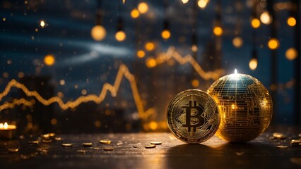 Explore the captivating world of digital finance with this intriguing image featuring a golden Bitcoin coin set against the backdrop of a radiant golden sphere and Japanese candlestick charts. The sym