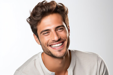Fototapeta premium Portrait of a handsome young man smiling while standing against white background