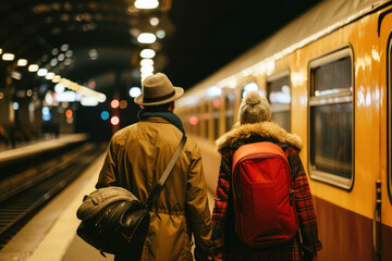 Paar mit Gepäck auf einem Bahnhof läuft Richtung Zug