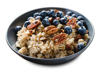 Oatmeal Bowl, Oat Porridge with Blueberry and Pecans in a Bowl on White Background