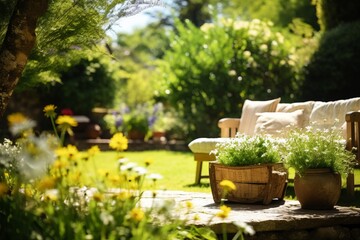 Garden furniture and flowers in the summer. Selective focus.