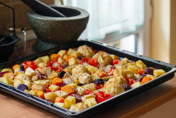 Close up image of a delicious and healthy looking tray with roasted colourful root vegetables fresh from the oven in a sunlit kitchen