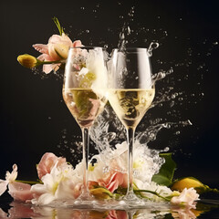 Two wine glasses and bouquet of flowers on the table, wine splashes