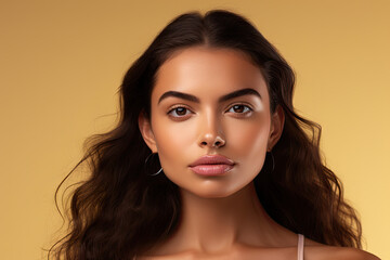 Portrait of a beautiful young woman with long curly hair on a beige background