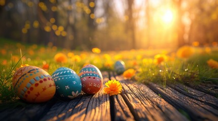 colorful Easter eggs in a wooden basket with green natural background with morning sunrays. - obrazy, fototapety, plakaty