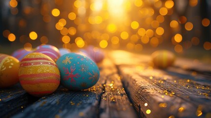 colorful Easter eggs in a wooden basket with green natural background with morning sunrays.