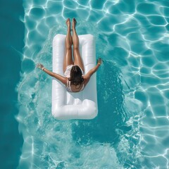 A young woman on an inflatable mattress swims in a swimming pool - obrazy, fototapety, plakaty