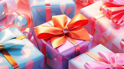 Banner Valentine gifts in colorful packaging with bows and bright ribbons
