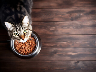 Top view, photo of a cat eating from a bowl of food, copy space