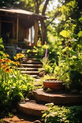 Fototapeta na wymiar Beautiful summer garden with flowers and wooden stairs in sunny day.