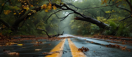 A road was blocked by a fallen tree and branches from a cyclone.
 - obrazy, fototapety, plakaty