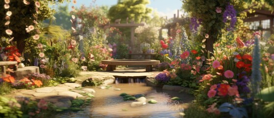 Beautiful flower garden with a fountain and a wooden bench in the foreground