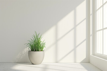 Vaso de grama verde em uma sala branca e vazia - obrazy, fototapety, plakaty