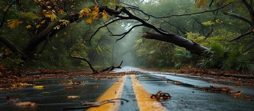 A road was blocked by a fallen tree and branches from a cyclone.

