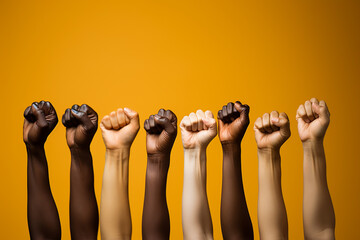 a row of raised fists of diverse women of different skin colors on a yellow background in honor of the fight for women's rights and March 8th - obrazy, fototapety, plakaty