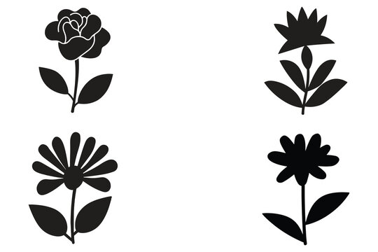 Flower Black Silhouette Icons Vector Set
