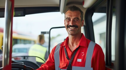 Naklejka premium Smiling portrait of a middle age male bus driver working in the city driving buses