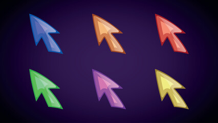A set of colored cursors for games. Color mouse arrows.