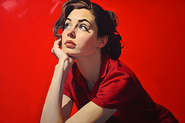 Portrait of a Thoughtful Individual, Delving into the Unknown on a Vibrant Red Background