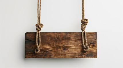 The blank rustic wooden sign board, hanging with rope, on white background. ready for banner or copy space
