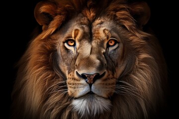 Portrait of a lion on a black background. Close-up.