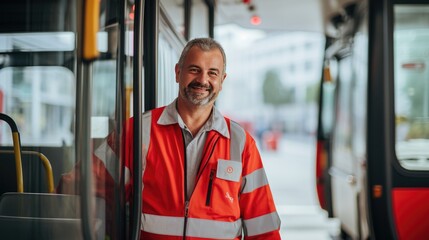 Smiling portrait of a middle age male bus driver working in the city driving buses