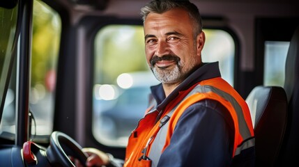 Smiling portrait of a middle age male bus driver working in the city driving buses
