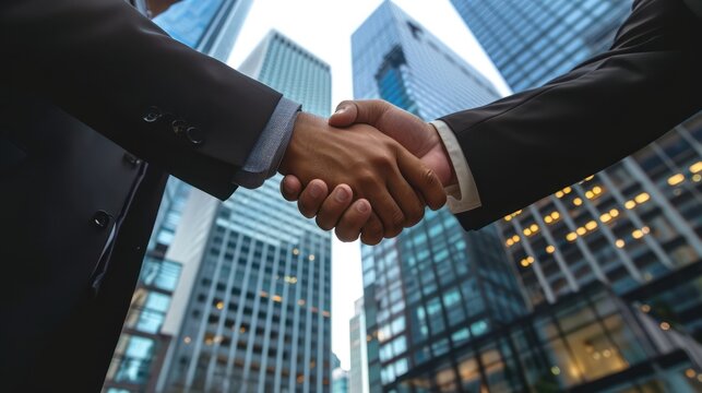 Businessmen making handshake with partner, skyscraper background. Business joint venture concept.