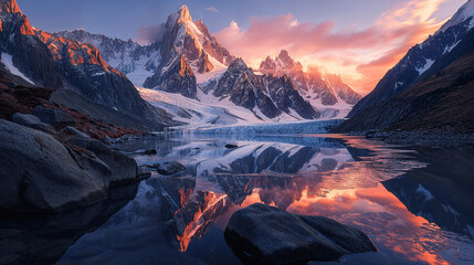 Fiery Sunrise Reflecting on Mountain Glacier Lake - obrazy, fototapety, plakaty