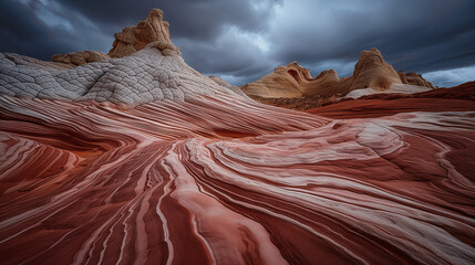 Striated Red Sandstone Formations under Stormy Skies
