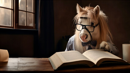 Cute smart cartoon horse in glasses reading book or study with a place for text. Colorful education...