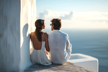Fototapeta premium portrait of a happy couple in love on vacation on the seashore in summer. love relationships in the family