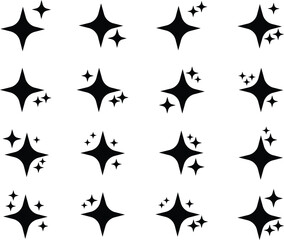 Retro futuristic sparkle icons collection. Set of star shapes. Abstract cool shine effect sign black flat vector design . Templates for design, posters, projects, banners, logo, business cards
