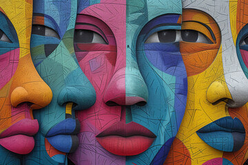 Urban Graffiti muralism digital art in vivid colors, a colorful painting shows colorful faces. Perfect for Wallpapers ,backgrounds, Wall Art, Skateboards , Cards