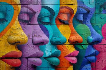 Urban Graffiti muralism digital art in vivid colors, a colorful painting shows colorful faces....