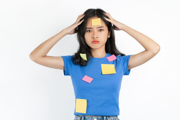 Fototapeta premium Stressed woman hand touch on head with suspicious thoughtful pondering on isolated background.