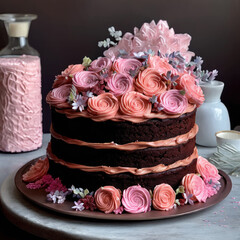 Obraz na płótnie Canvas Elegant Chocolate Cake with Pink Floral Frosting and Decorations