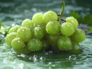 Bunch of grapes with water drops on the water surface
