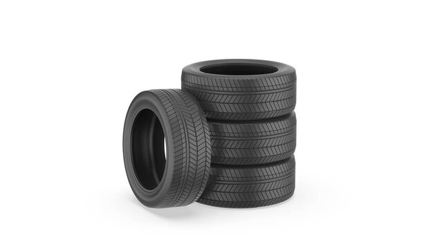 Set of car tires on white background