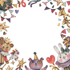Watercolor frame party with cute vintage animals in carnival costumes. Cat, bear and bunny. Сonfetti and stars.