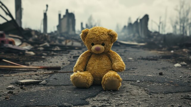 A teddy bear on the damaged road, building ruins after war or disaster