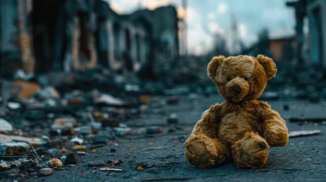 A teddy bear on the damaged road, building ruins after war or disaster