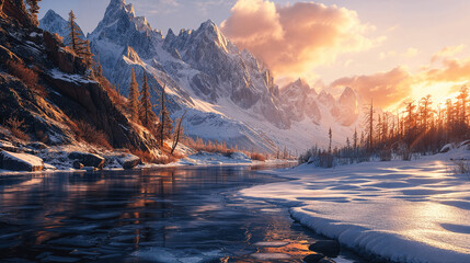 Winter Dawn by a Frozen Mountain River