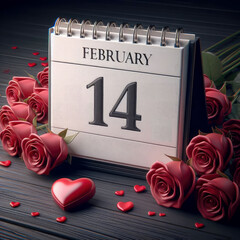 On a wooden background surrounded by red roses, there is a flip-up desk calendar displaying the date February 14th, which is Valentine's Day.