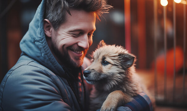 Cheerfully smiling new owner while he adopts Lonely helpless homeless puppy mongrel dog abandoned in animal shelter. Help to pets and adoption animals, friendship and human kindness concept image.