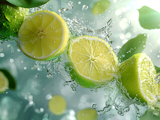 Fresh green lemon with water splash on nature background. Shallow depth of field