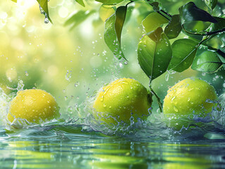 Fresh green lemon with water splash on nature background. Shallow depth of field