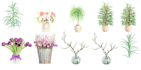 Indoor plants flat color illustrations set. Realistic houseplants in beige pot on metal stands