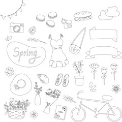 hand drawn vector flat illustration set of monochrome line spring season holiday. Cute elements doodle collection in flat style. for poster, card, invitation, graphic resource, social media, print